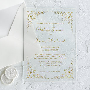Invitations En Acrylique Cadre botanique élégant vintage à motif script dor