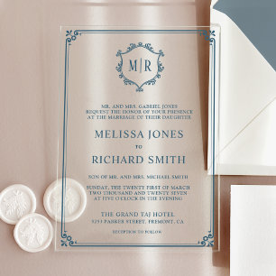 Invitations En Acrylique Cadre de blason à monogramme minimal mariage bleu