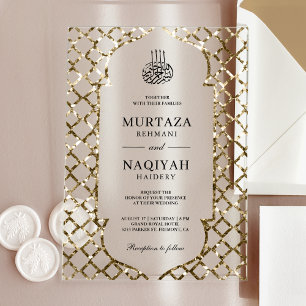 Invitations En Acrylique Cadre de mariage musulman en paillettes d'or antiq