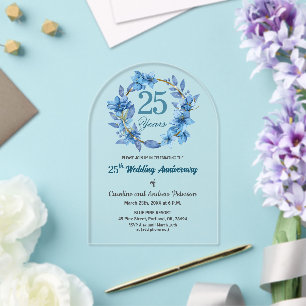 Invitations En Acrylique Cadre doré floral bleu pour les 25 ans de mariage