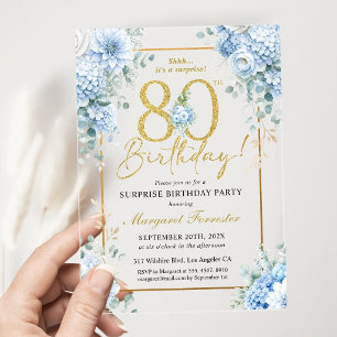 Invitations En Acrylique Cadre doré pour 80e anniversaire Fleurs Bleu Pouss