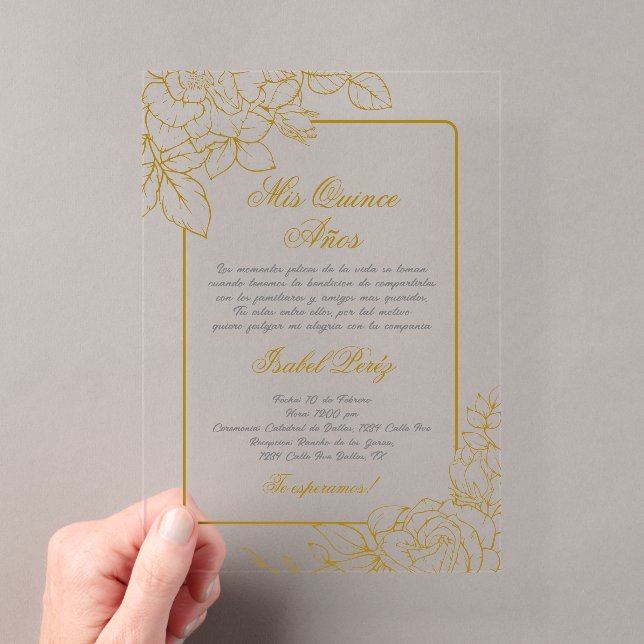 Invitations En Acrylique Cadre en or acrylique Quinceanera espagnol (In situ (ordinateur de poche))