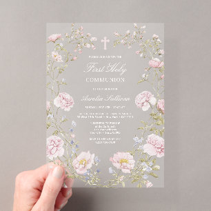 Invitations En Acrylique Cadre floral rose Première Sainte Communion