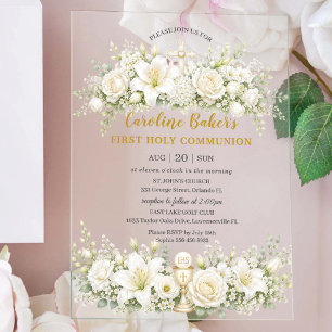 Invitations En Acrylique Calice de la Première Sainte Communion Florale Lys