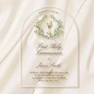 Invitations En Acrylique calice de première communion solennelle feuillage