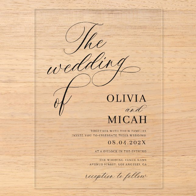 Invitations En Acrylique calligraphie élégante mariage noir et blanc (Recto)