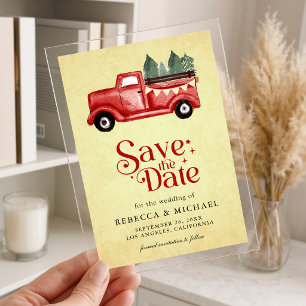 Invitations En Acrylique Camion de Noël Rouge Vintage Mariage Enregistrer l