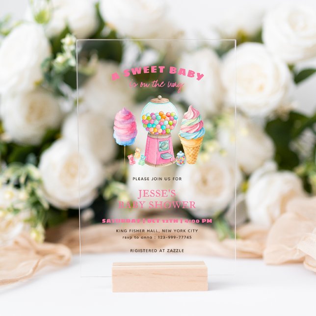 Invitations En Acrylique Candy Pink Un Baby shower sucré est en route (Créateur téléchargé)