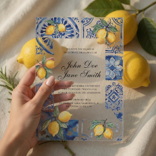 Invitations En Acrylique Carreau bleu méditerranéen Citron italien