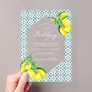 Invitations En Acrylique Carreaux bleu sicilien Mariage citron bois d'été