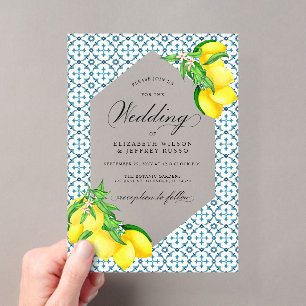 Invitations En Acrylique Carreaux bleu sicilien Mariage citron bois d'été