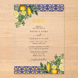 Invitations En Acrylique Carrelage bleu blanc jaune méditerranéen Mariage c