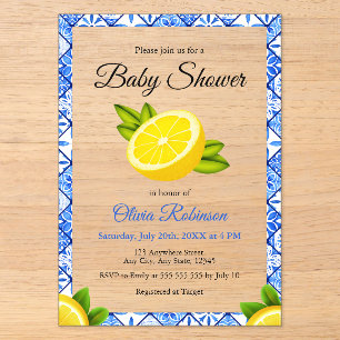 Invitations En Acrylique Carrelage bleu italien Positano Baby shower citron