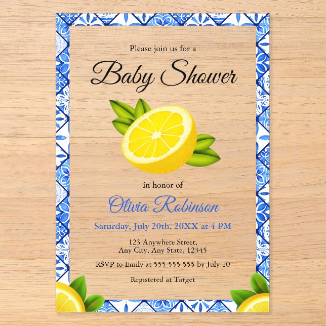Invitations En Acrylique Carrelage bleu italien Positano Baby shower citron (Recto)