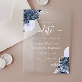 Invitations En Acrylique Carte d'annonce de mariage à fleurs argentées bleu