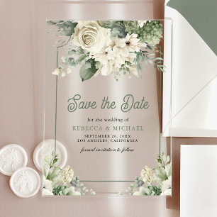 Invitations En Acrylique Carte de sauvegarde de mariage floral vert ivoire