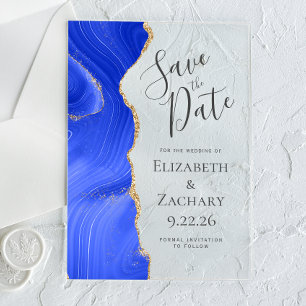 Invitations En Acrylique Carte de sauvegarde moderne Agate Bleu Royal Or