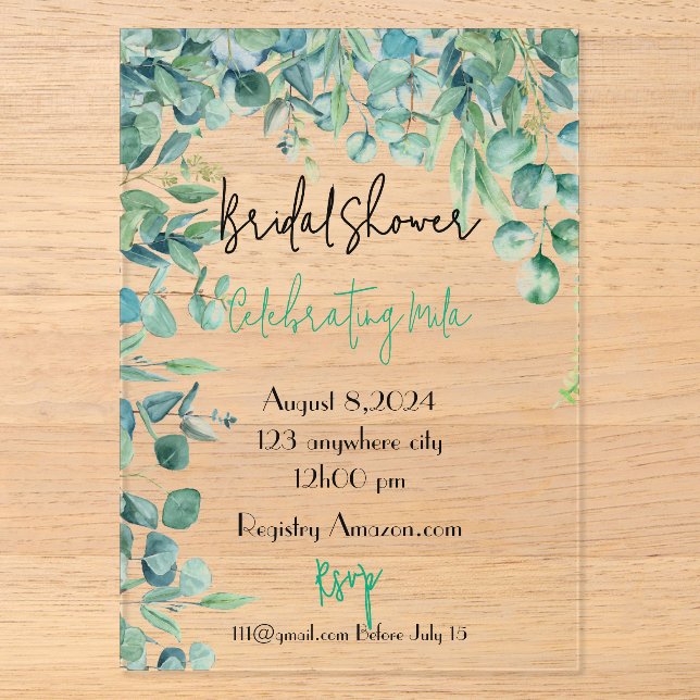 Invitations En Acrylique carte d'invitation à la douche de l'eucalyptus (Recto)