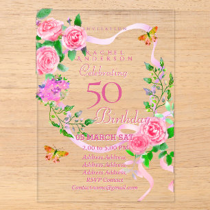 Invitations En Acrylique Carton d'invitation 50 ans avec ruban rose