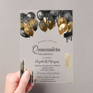 Invitations En Acrylique Cartons d'invitation Quinceanera dorés avec goutte