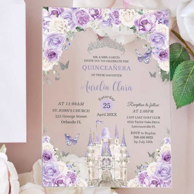 Invitations En Acrylique Castle Princess Floral blanc violet Quinceañera XV (Créateur téléchargé)