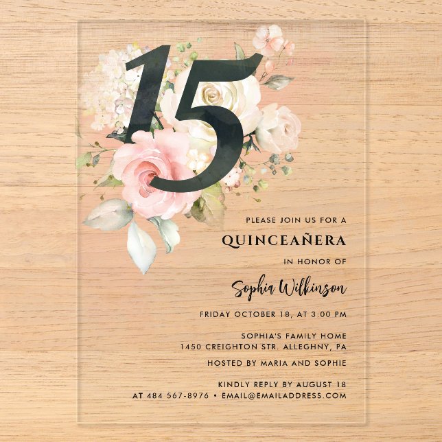 Invitations En Acrylique Célébration de la Quinceanera rose (Recto)