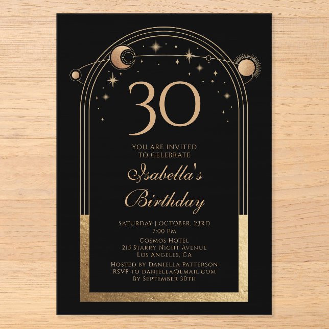 Invitations En Acrylique Céleste Black Gold Sun Moon Stars 30e anniversaire (Recto)
