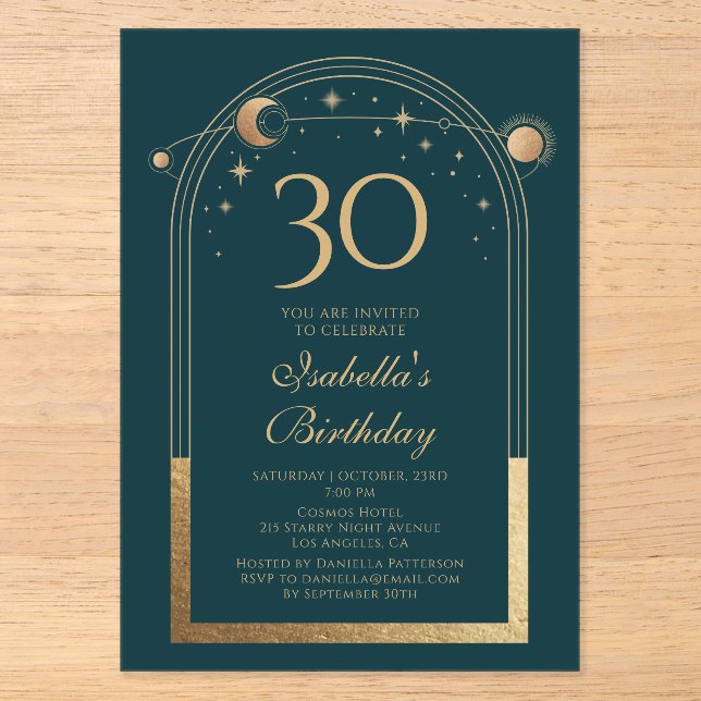 Invitations En Acrylique Celestial Green Gold Sun Moon Stars 30e anniversai (Recto)