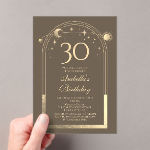 Invitations En Acrylique Celestial Mocha Gold Sun Moon Stars 30e anniversai