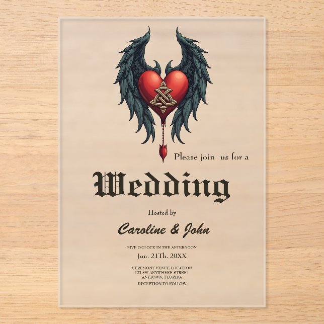 Invitations En Acrylique Celtic elegance with a heart and wings.  (Recto)