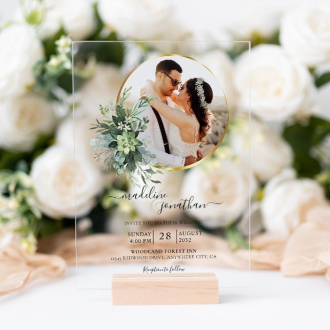 Invitations En Acrylique Cercle de verdure botanique Bordure 2 Mariage phot (Créateur téléchargé)