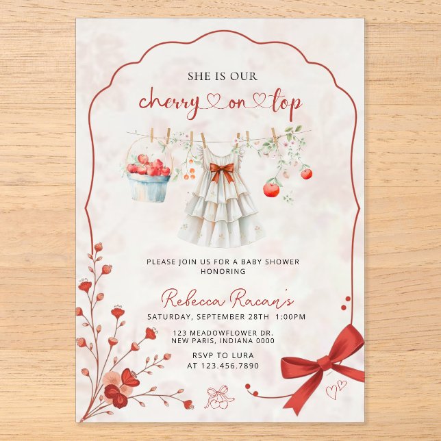 Invitations En Acrylique Cerise sur le Baby shower supérieur | Botte rose e (Recto)