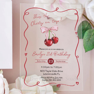 Invitations En Acrylique Cerise sur le dessus Ruban rose Coquette Anniversa