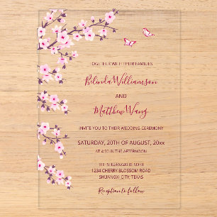 Invitations En Acrylique Cerisiers Fleurs Roses Mariage Transparent