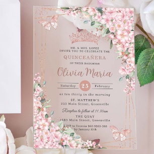 Invitations En Acrylique Cerisiers Rose Gold Papillons Quinceañera