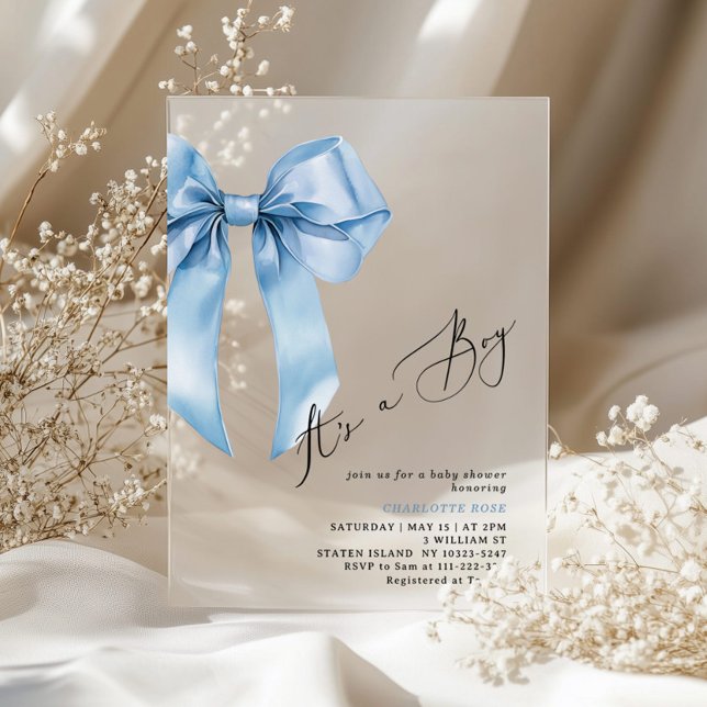 Invitations En Acrylique C'est un garçon Blue Bow Elegant Baby shower (Créateur téléchargé)