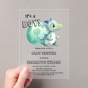 Invitations En Acrylique C'est un garçon ! Dinosaure mignon avec son Baby s