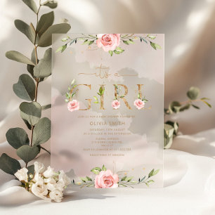 Invitations En Acrylique C'est une fille Baby shower floral rose gold