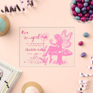 Invitations En Acrylique C'est une fille ! Fée Champignon et Fleurs Baby Sh