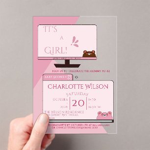Invitations En Acrylique C'est une fille ! Ours mignon Écran d'ordinateur B