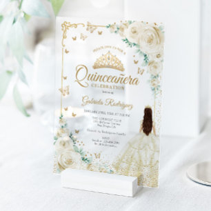 Invitations En Acrylique Champage Roses Aquarelle Ivoire Or Quinceanera