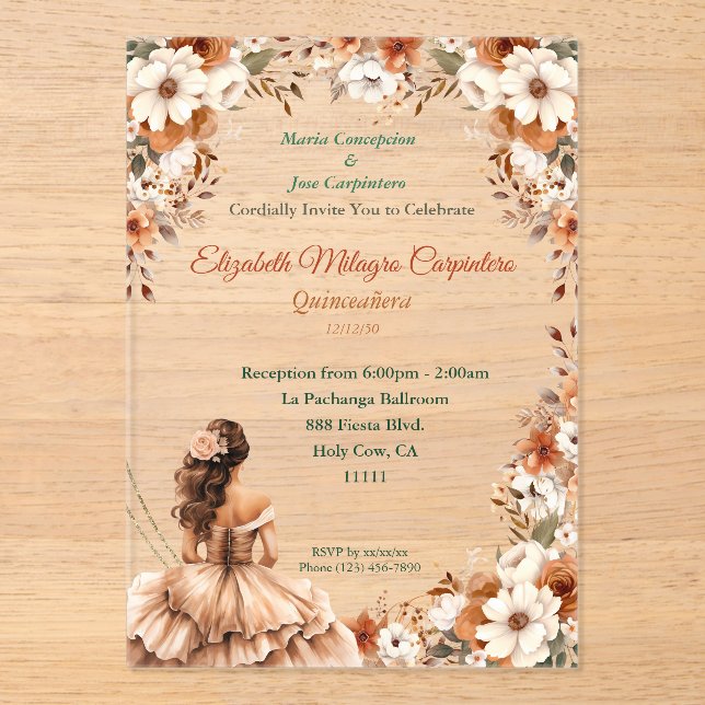 Invitations En Acrylique Champagne Beige Boho Quinceañera (Recto)