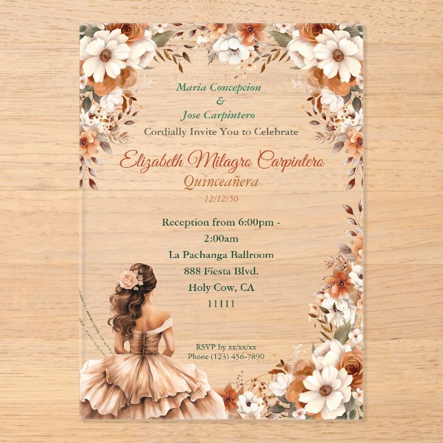 Invitations En Acrylique Champagne Beige Boho Quinceañera (Recto)