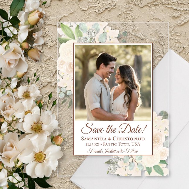 Invitations En Acrylique Champagne Blush Roses Mariage Enregistrer la date  (Clear Acrylic with Rectangle Cut)