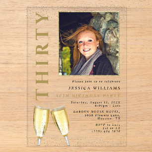 Invitations En Acrylique Champagne élégant pour 30 ans