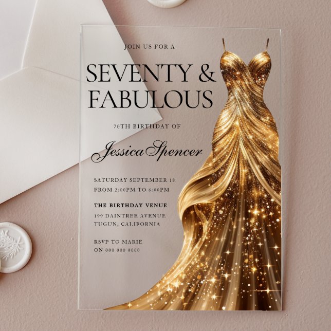 Invitations En Acrylique Champagne Gold Gown 70 & Fabuleux 70e anniversaire (Créateur téléchargé)