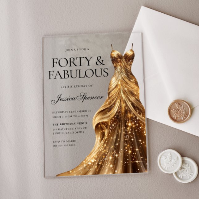 Invitations En Acrylique Champagne Gold Gown Quarante et fabuleux 40e anniv (Créateur téléchargé)