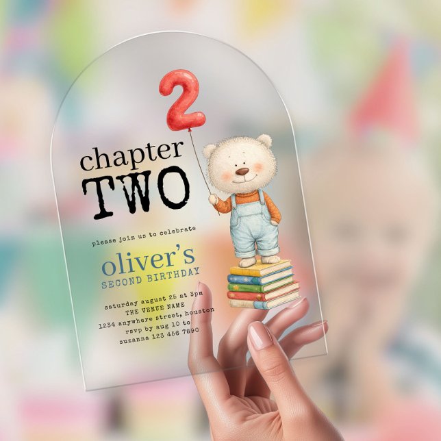 Invitations En Acrylique Chapter Two Teddy Bear Books Boy 2nd Birthday (Créateur téléchargé)