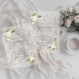 Invitations En Acrylique Charm Bautizo Con Blanca Flores Gold Baptism