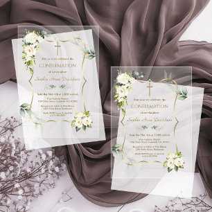 Invitations En Acrylique Charme Airy Green Fleurs blanches Confirmation